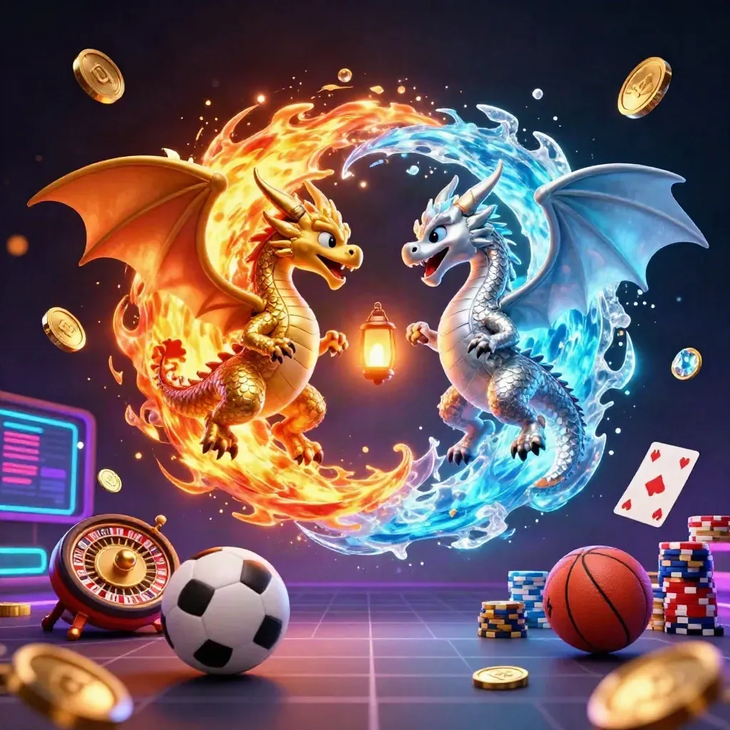 Gold and silver dragons spiral around casino objects, coins, balls, and neon light.