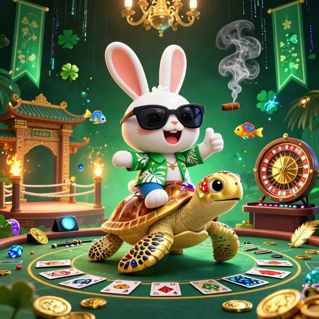 Lucky rabbit on gem turtle amid neon casino luxury, roulette, cards, gold coins, and emerald glow.