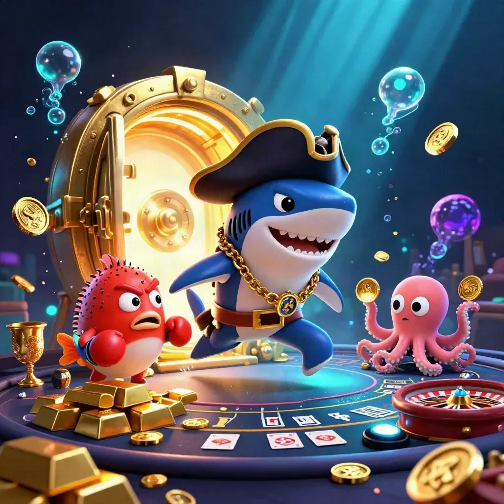 Shark pirate, pufferfish, and octopus amid treasure, neon glow, vault door, roulette and cards.