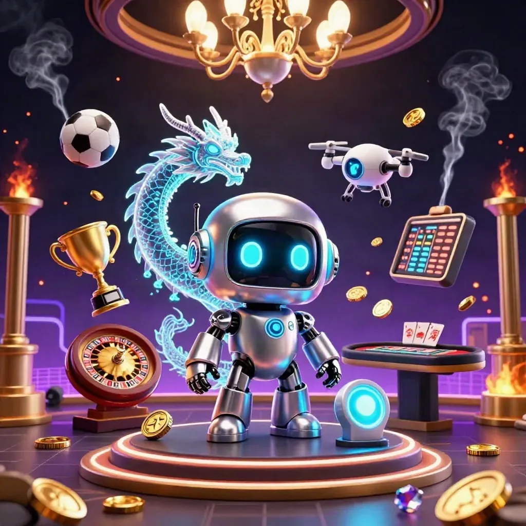 Cyberpunk robot, holographic dragon and coin drone in a neon casino with sports balls and gold loot.