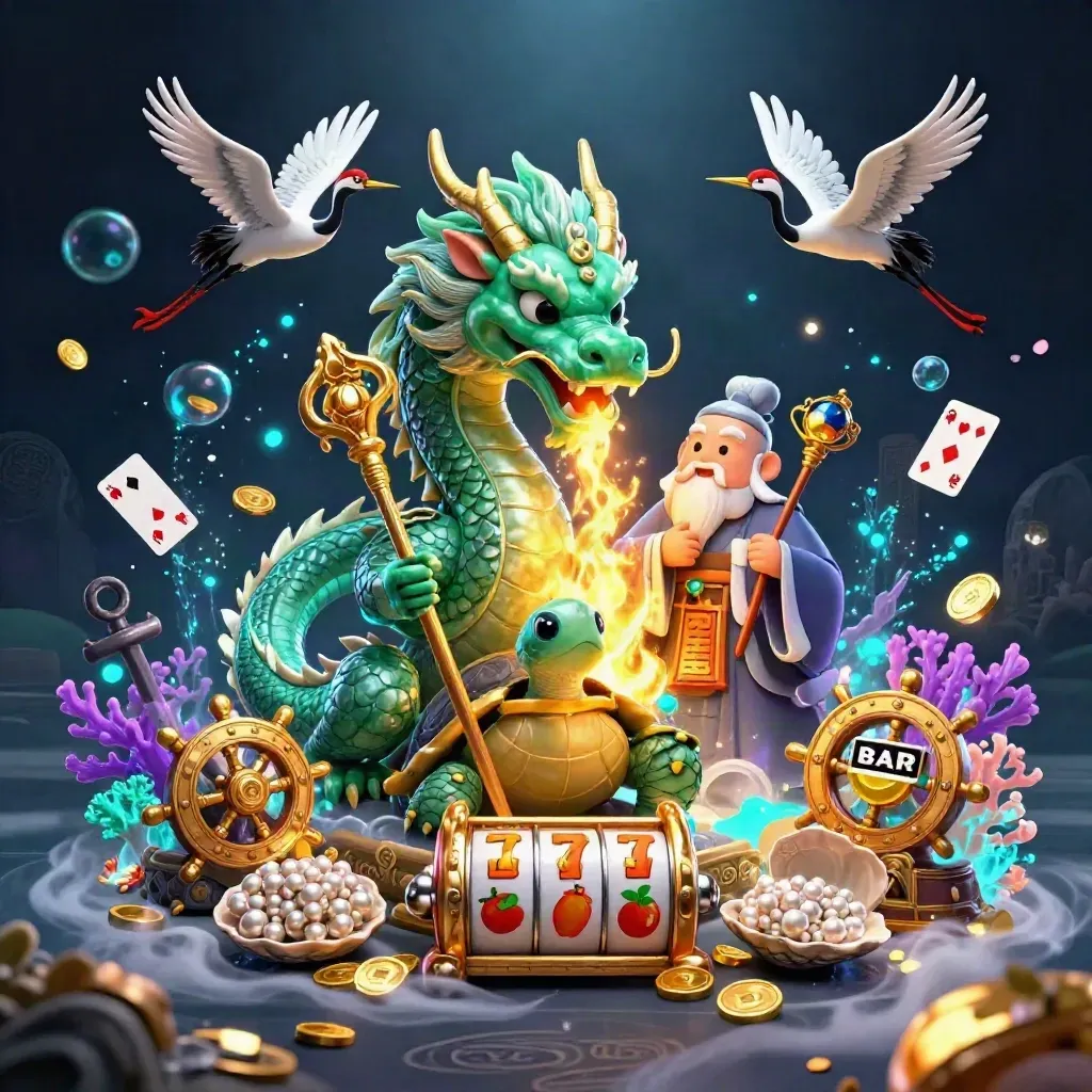 Jade dragon, turtle sage, and cranes amid treasure, coral, cards, and cyan magic.