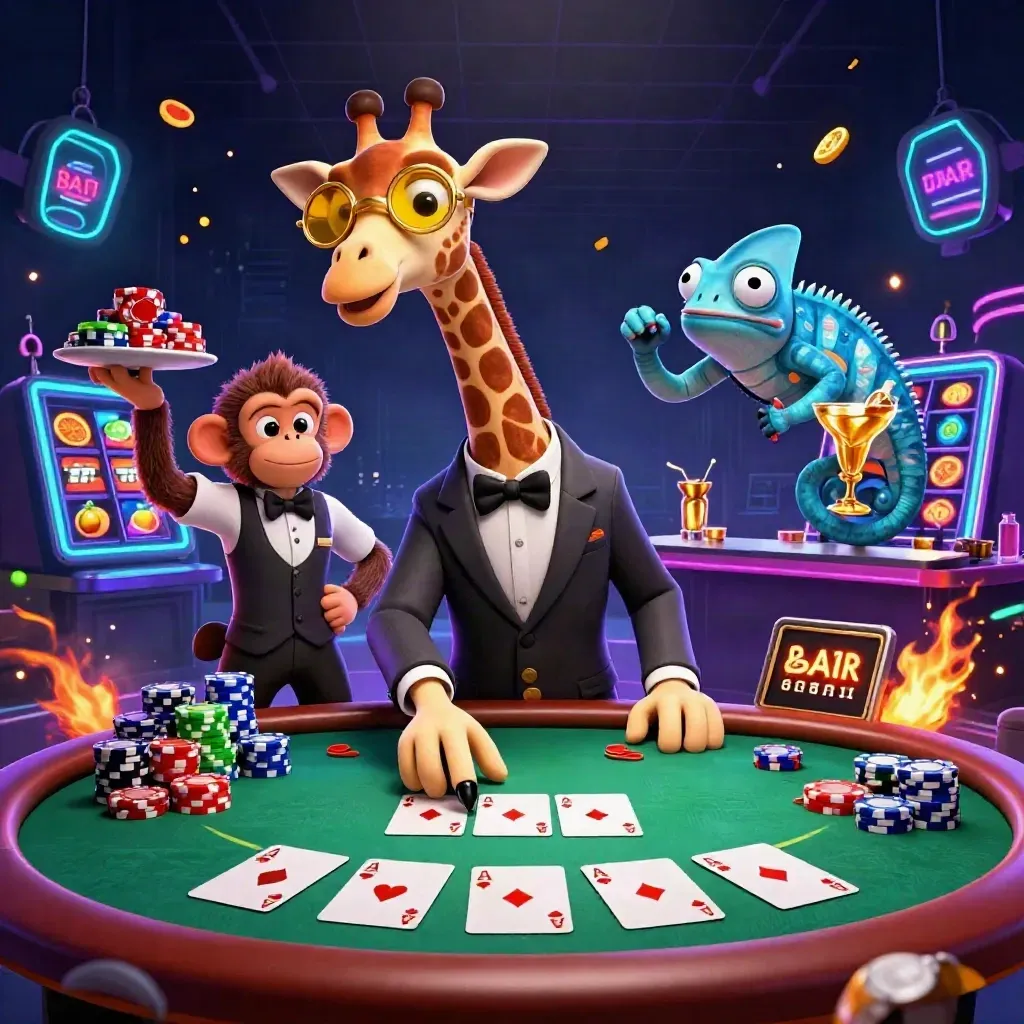 Giraffe gambler, monkey valet, and chameleon bartender amid exploding chips and neon casino glow