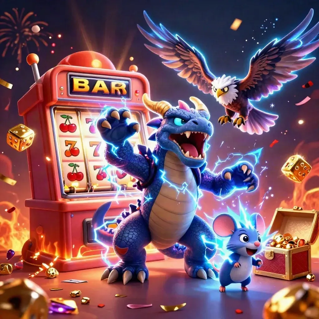 Thunder dragon, glowing hawk and static mouse burst from a cracked slot machine in neon casino chaos