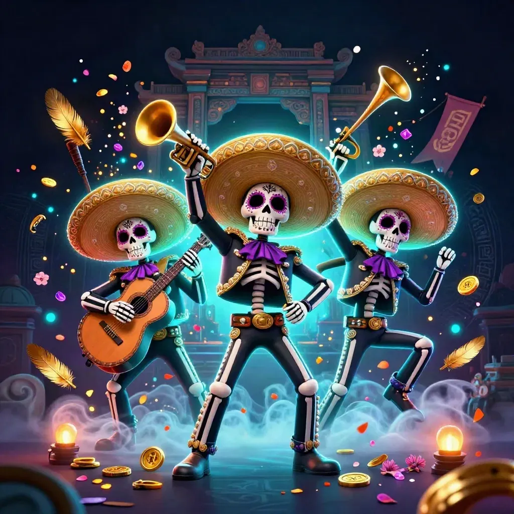 Skeleton mariachi trio amid treasure bursts, temple gate, cyan neon glow and falling petals.