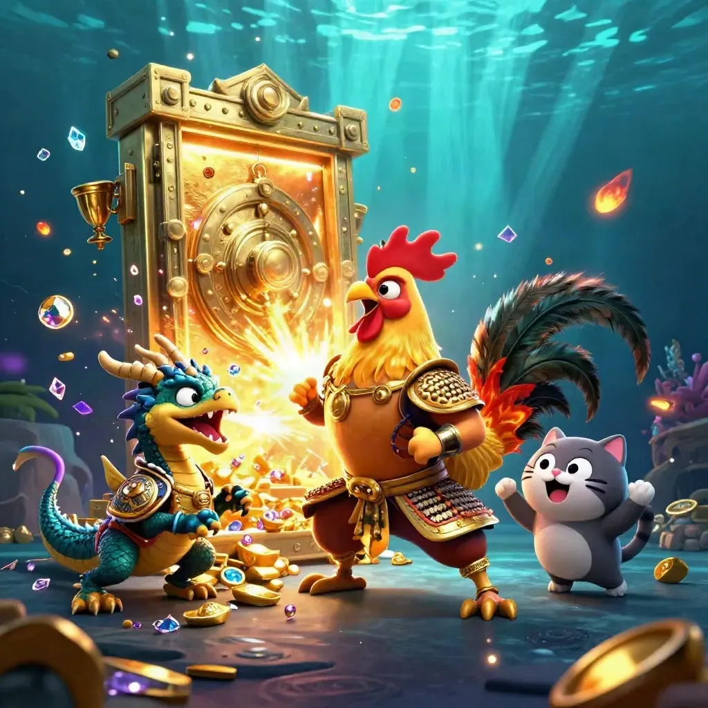 Rooster warrior, dragon hatchling, and fortune-cat amid a vault explosion of gold and gems.