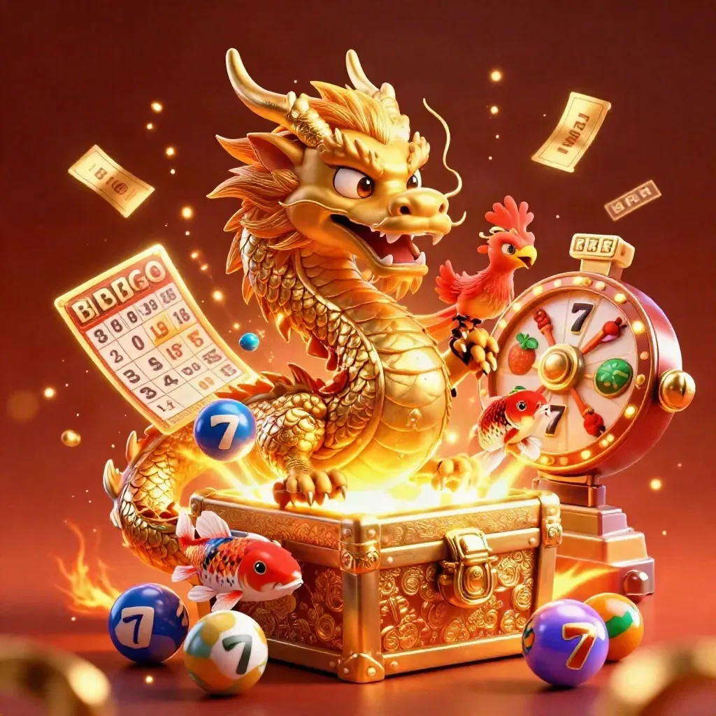 Golden dragon, red phoenix, and koi erupt from treasure amid neon casino effects.