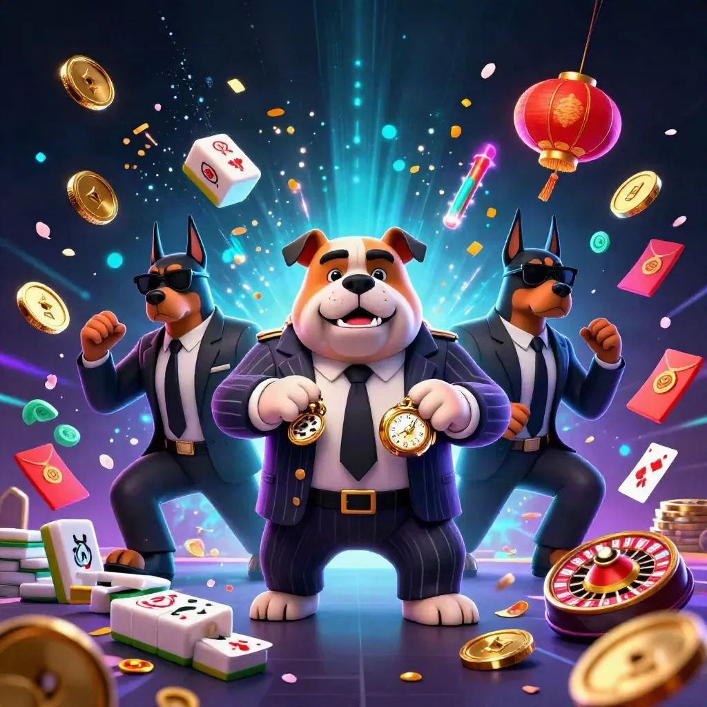 Bulldog boss and Doberman guards amid exploding coins, lanterns, fireworks, and neon casino effects