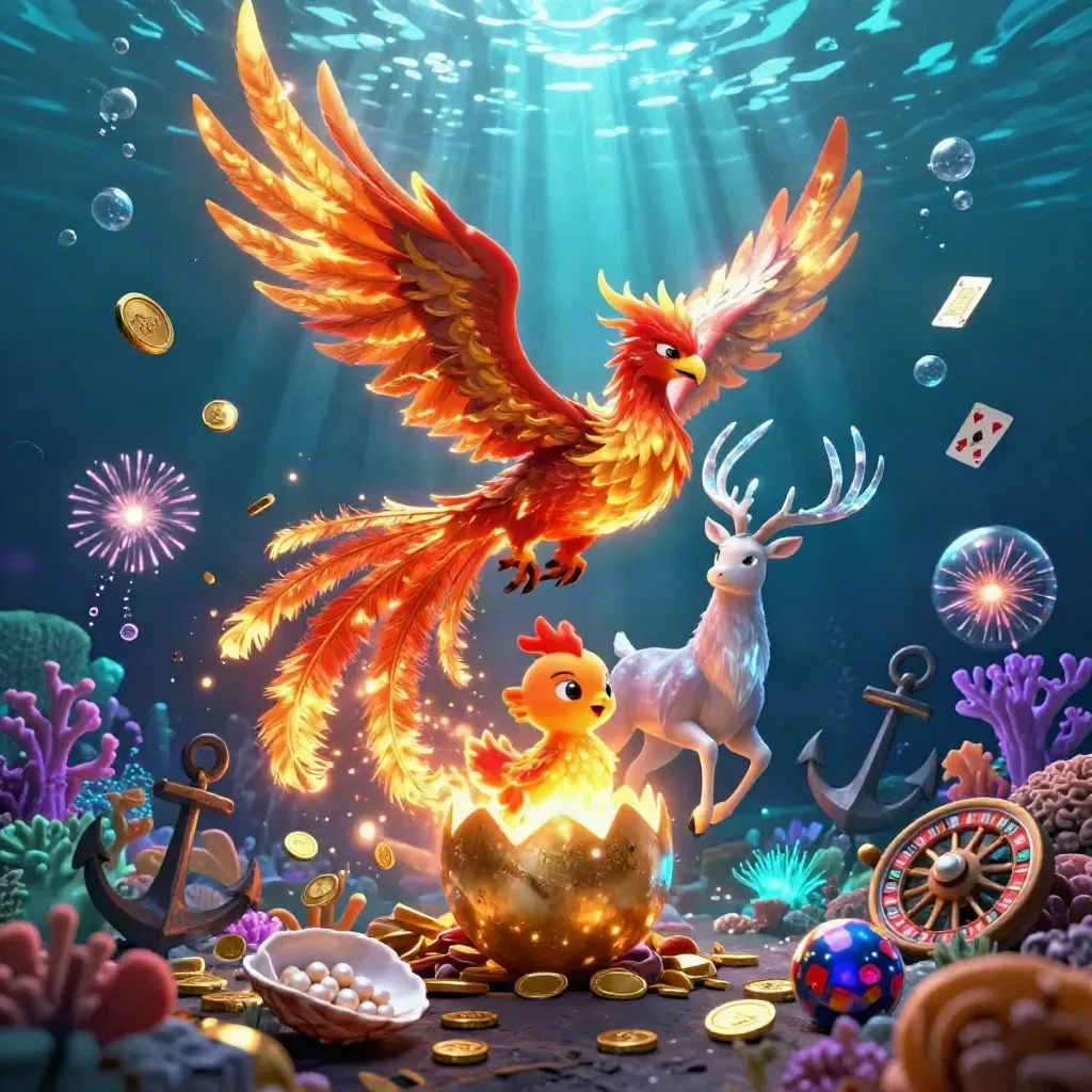 Phoenixes and a crystal stag amid coin showers in a glowing underwater treasure cove.
