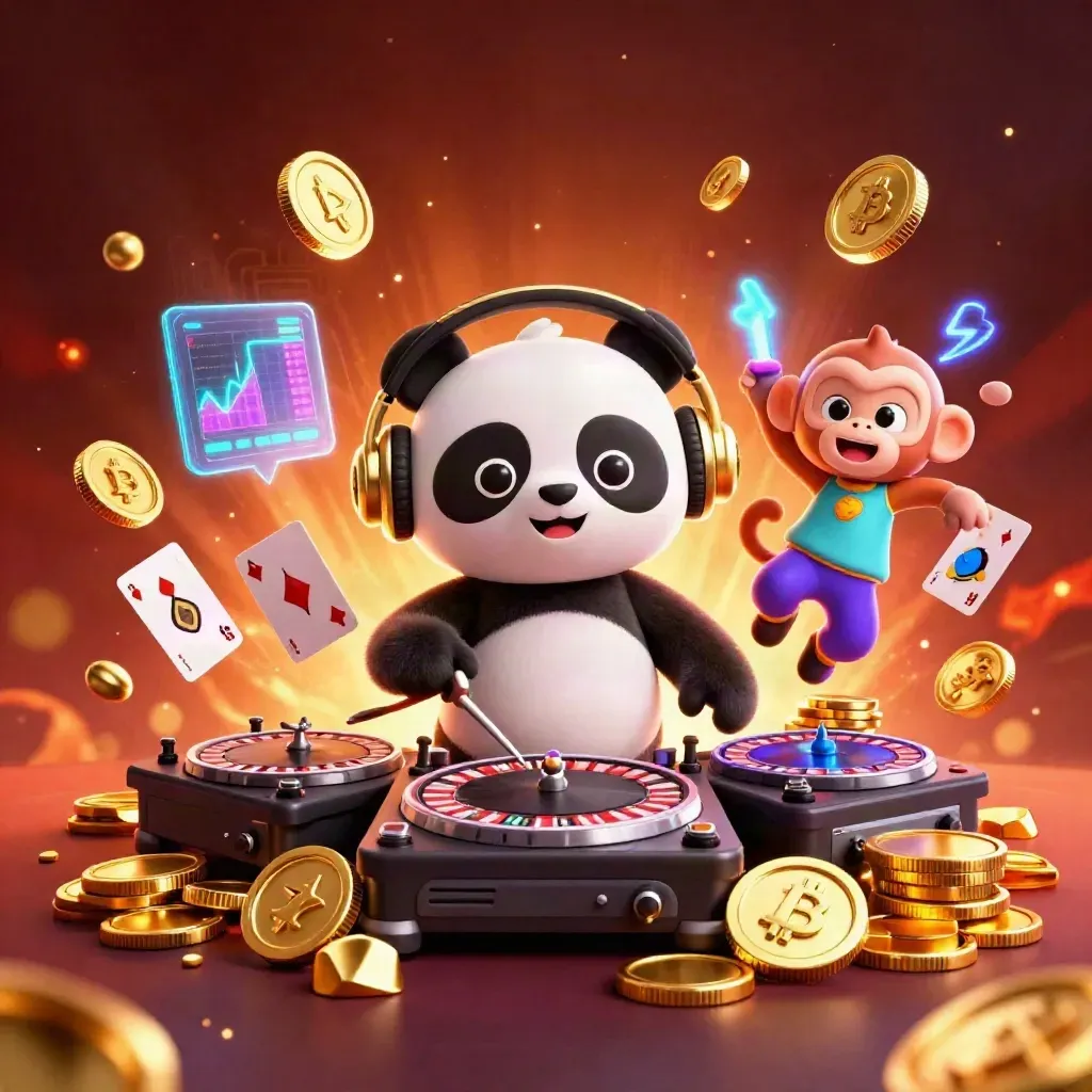 DJ panda, monkey, and glow-stick kitten amid exploding coins and neon casino effects.