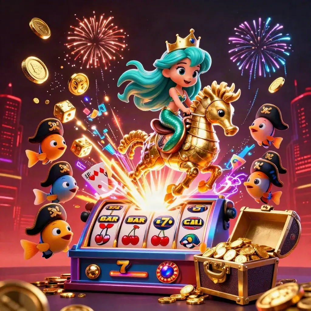 Mermaid princess rides armored seahorse amid slot burst, coins, fireworks, and pirate fish