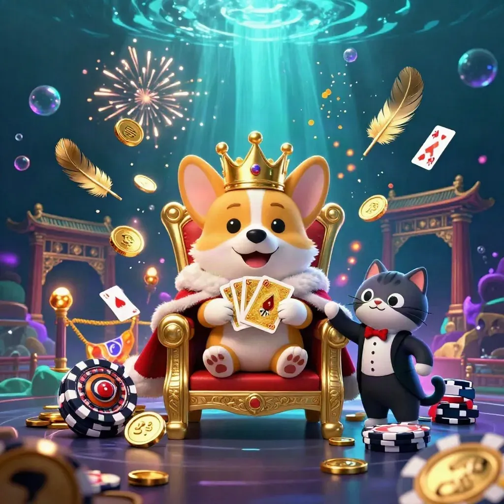 Royal corgi and cat butler amid coin storm, temple gate, neon underwater casino scene.