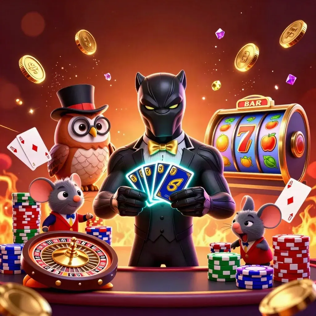 Panther, owl, and mouse in luxe casino action with coins, cards, chips, and glowing reels.