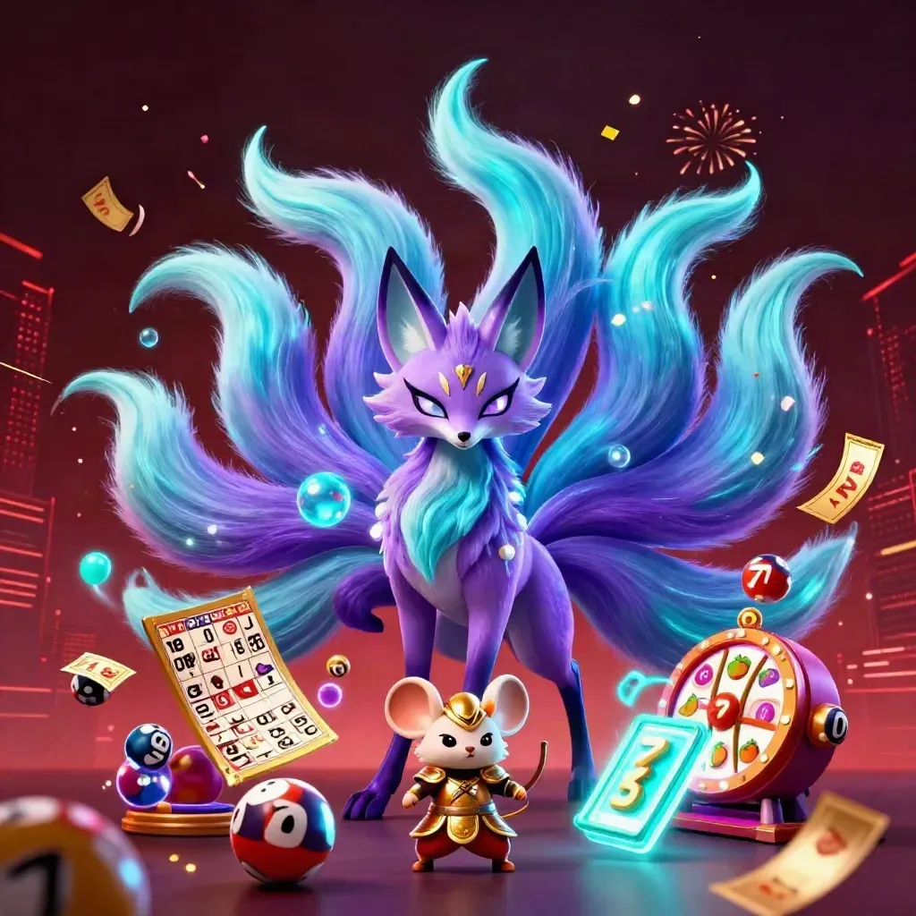 Neon fox spirit and golden mouse amid casino reels, balls, tickets, and fireworks.