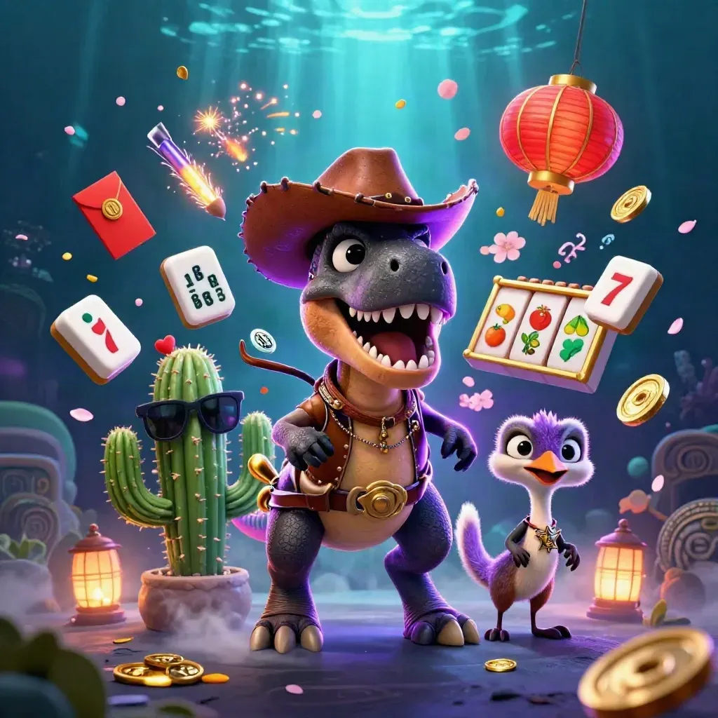 Cowboy T-Rex, cactus sidekick, and roadrunner amid casino symbols, neon lights, and underwater rays.