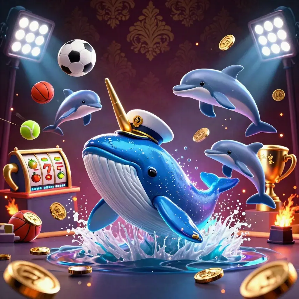 Neon whale captain, narwhal, and dolphins burst through casino coins with glowing sports balls.
