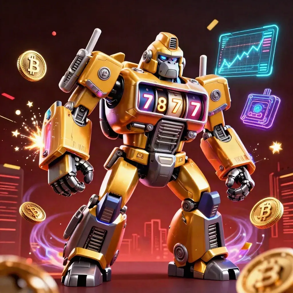 Golden gorilla mech slot-machine hero with tiny monkey pilot, neon coins, lightning, and confetti in a dark casino scene.