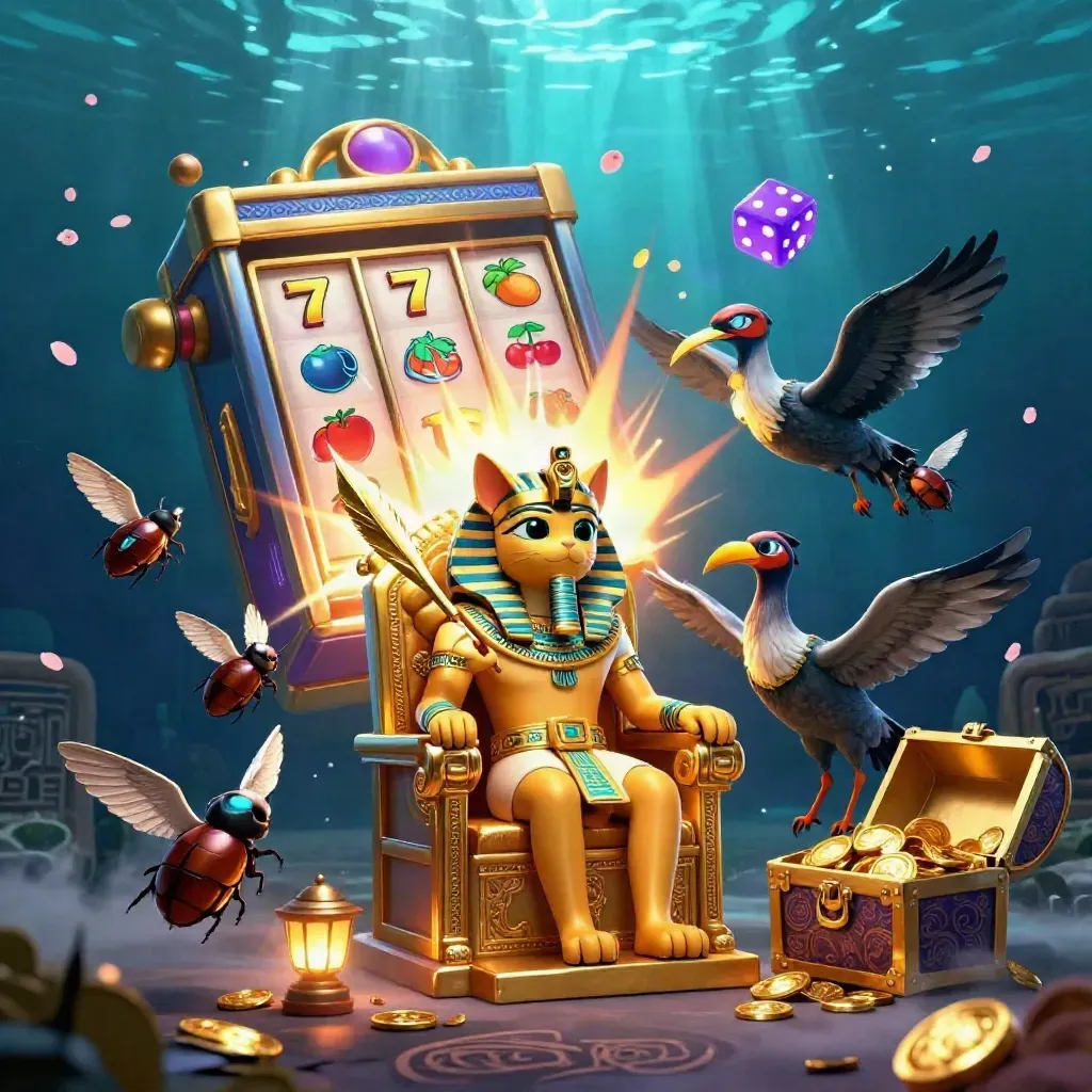 Pharaoh cat on a throne with ibis scribe, scarabs, and exploding slot-casino treasures.