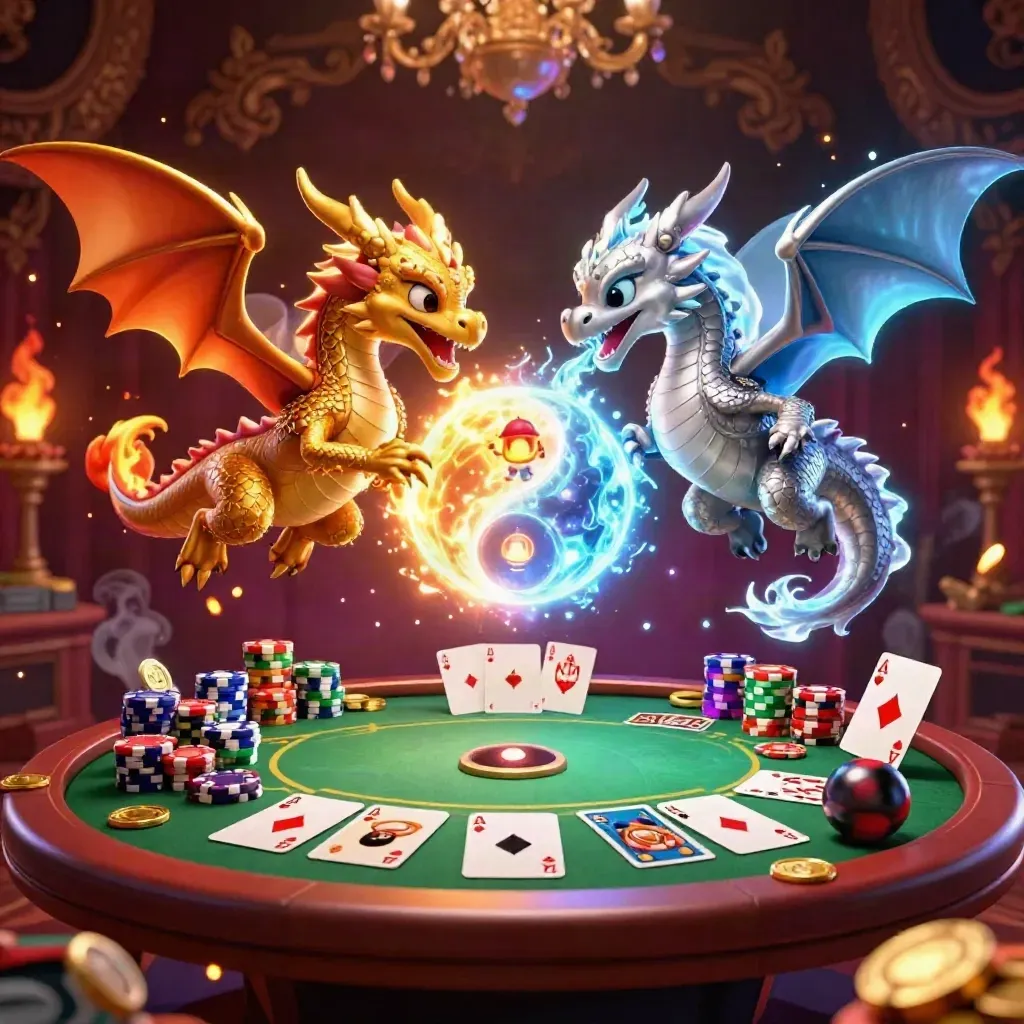 Twin gold and silver dragons swirl with poker chips, aces, coins, and neon casino energy.