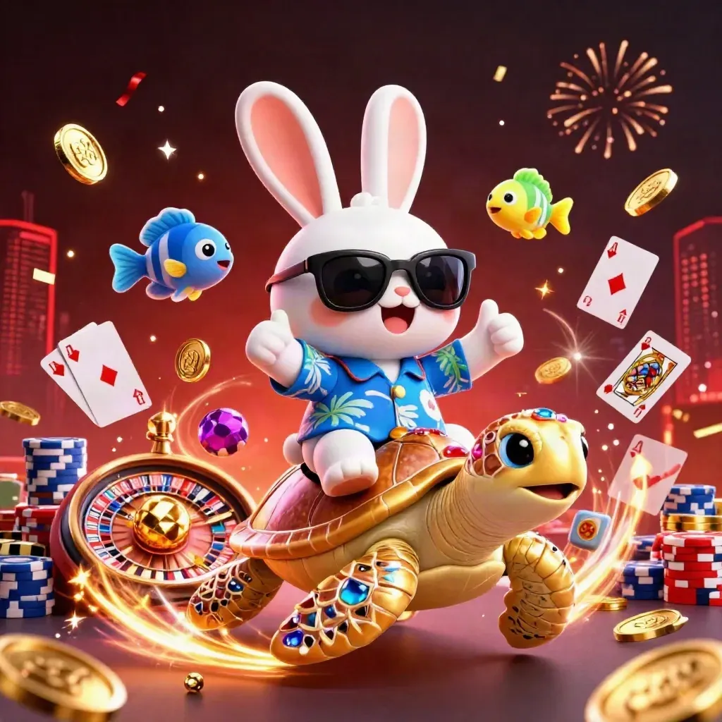 Lucky rabbit riding a golden sea turtle amid coins, cards, chips, and neon casino lights.