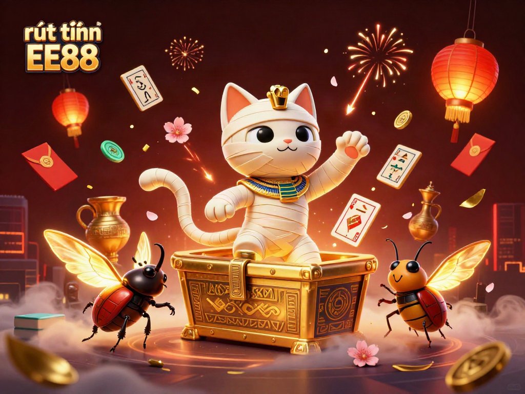 Experience the excitement of rút tiền EE88 as a mummy cat emerges in a vibrant casino setting.