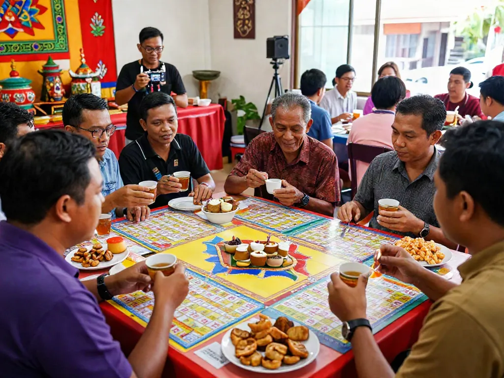 Exciting Nyonya 4D lottery event with diverse participants enjoying snacks and discussing numbers.