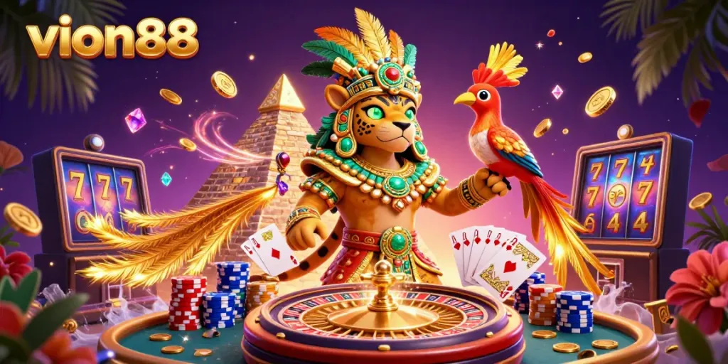Experience the excitement of vion88 with vibrant 3D casino characters, golden coins, and spinning roulette wheel shining in this illustration.