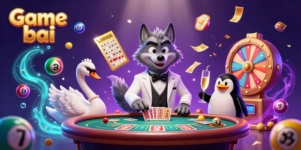 Game bai illustration with a wolf and swan at a baccarat table engaging with dynamic gaming elements