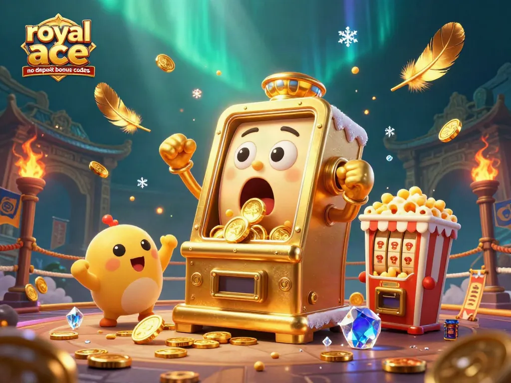 Experience the excitement of royal ace no deposit bonus codes as a golden slot machine hits a jackpot, surrounded by cheering baby slots and gold coins.