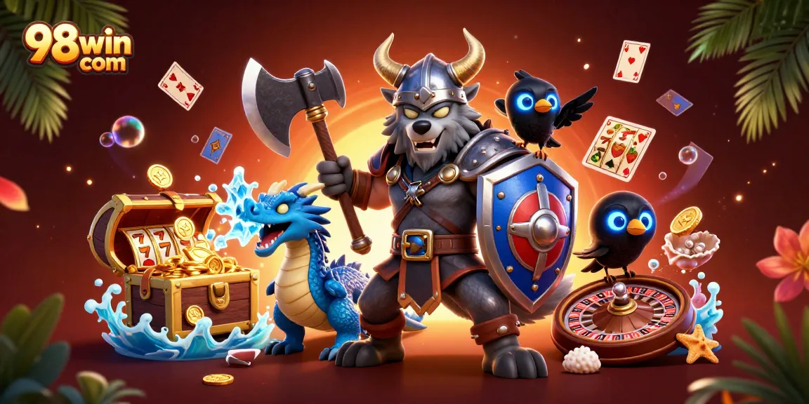 Experience the thrill of 98win com with a Viking warrior and a fierce dragon in a vibrant casino adventure.