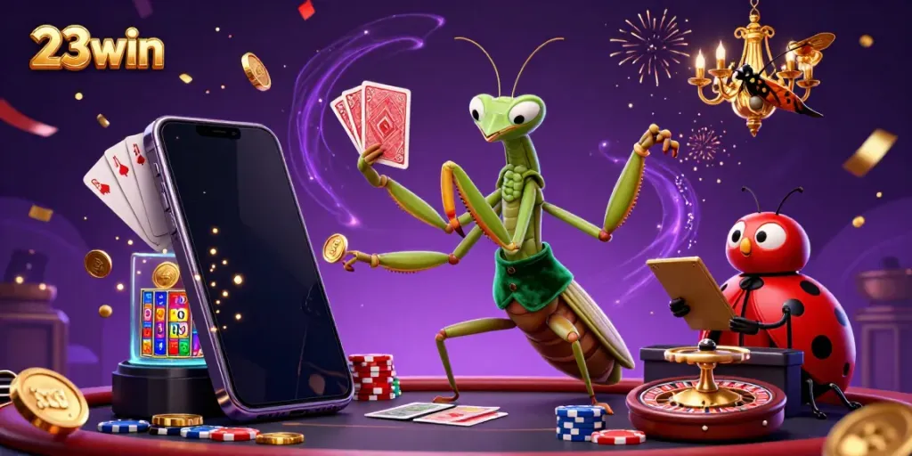 Experience the excitement of 23win with a dynamic casino scene featuring colorful games and vibrant characters.