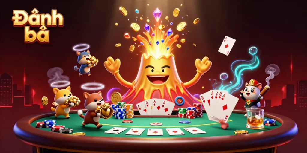 Experience Đánh bài with a dynamic 3D scene featuring a golden volcano, poker chips, and games of chance.