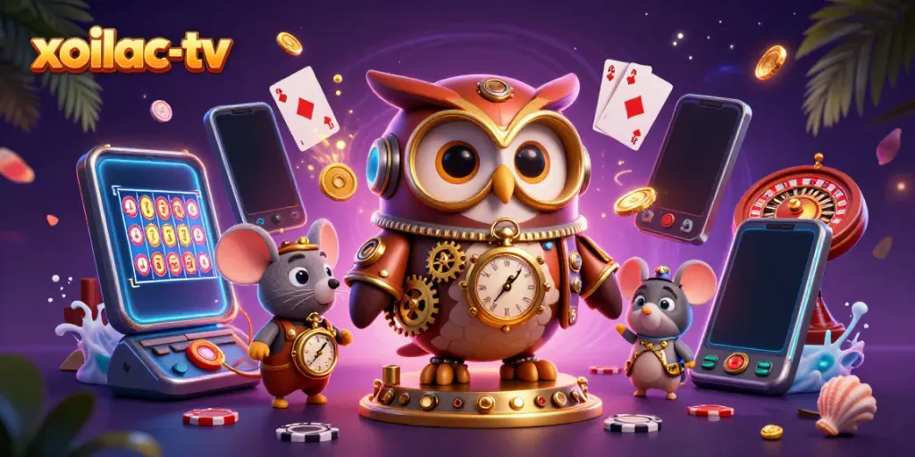 Experience the thrill of gambling with xoilac-tv’s vibrant casino scene featuring an adventurous owl and mouse.