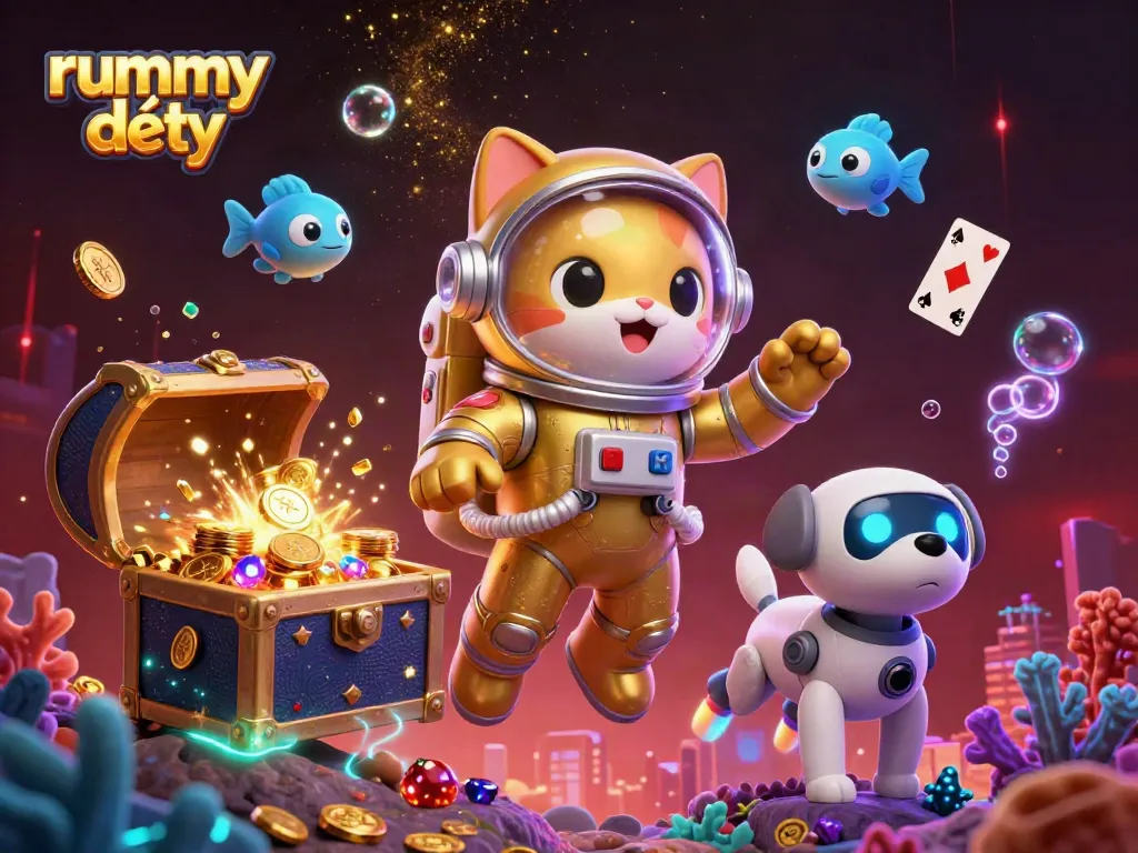 Rummy Deity menampilkan karakter kucing astronot dengan robot anjing dalam latar luar angkasa yang ceria.