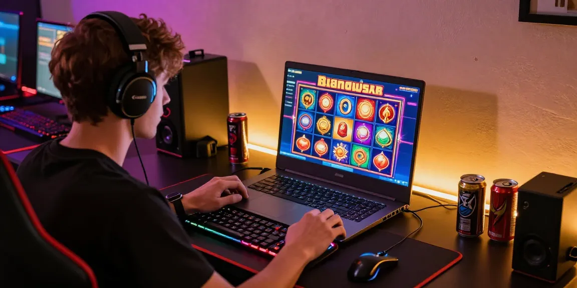 Engaging scene of a player enjoying bandar slot in a vibrant gaming room.