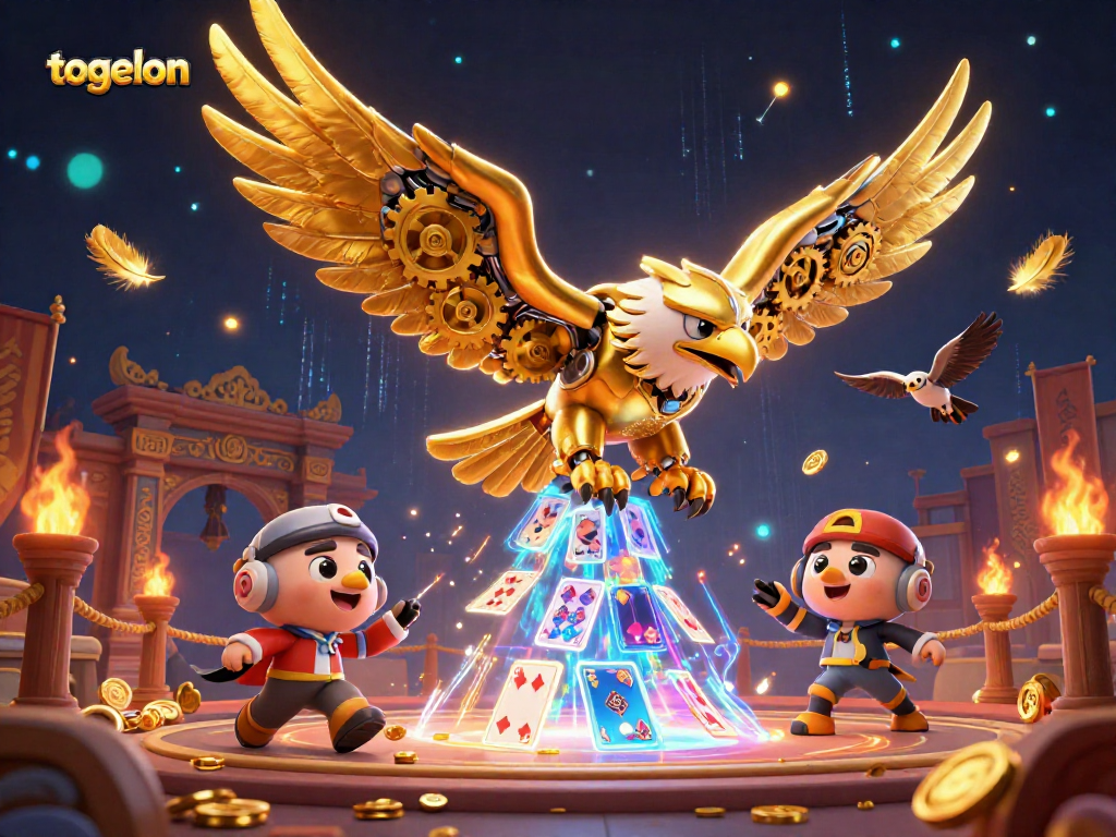 Togelon showcases a cybernetic eagle diving through holographic cards in a vibrant casino scene.