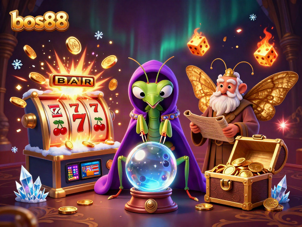 Slot jackpot melimpah dengan simbol bos88 yang memikat dan karakter cerita menarik dalam suasana kasino.
