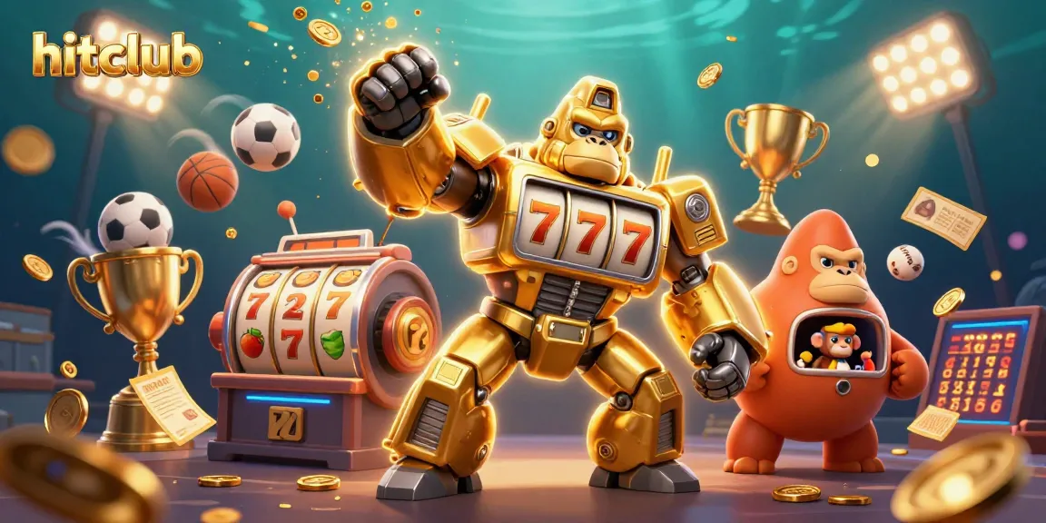 Join the hitclub in this vibrant 3D illustration featuring a golden gorilla mech hitting the jackpot!