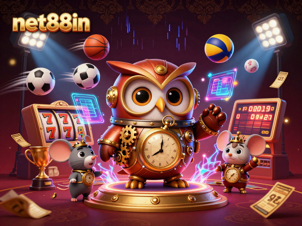 Engage in thrilling slots and casino action with net88in's vibrant illustration featuring dynamic elements.