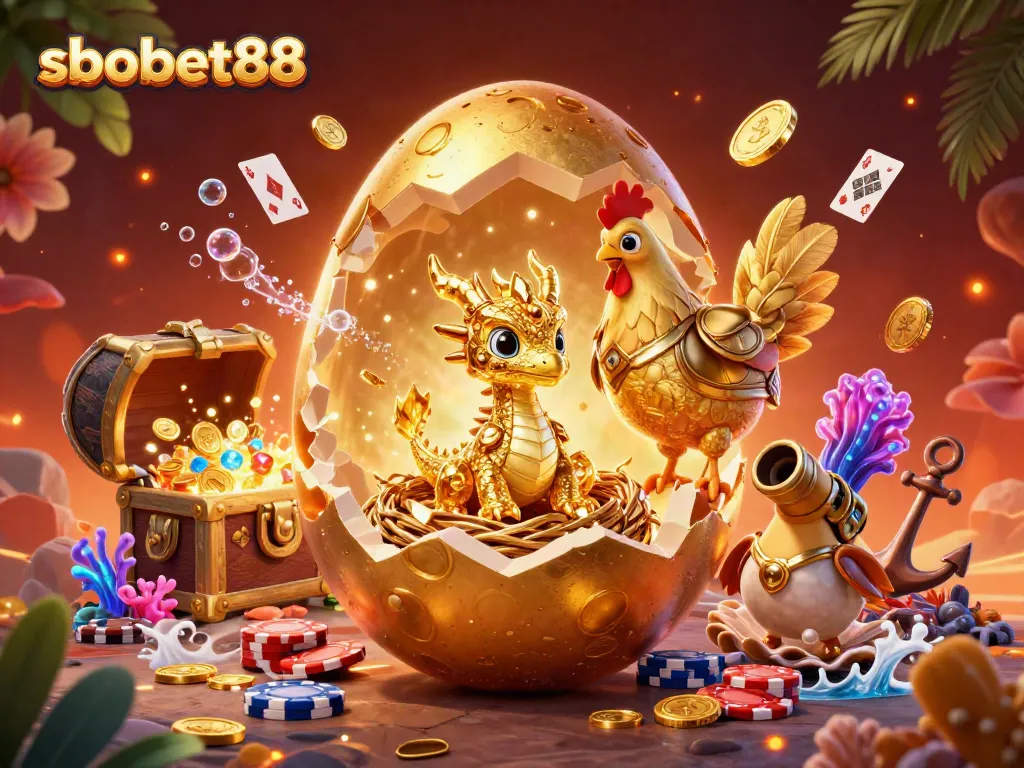 Experience sbobet88 with vibrant 3D golden characters among casino treasures and dynamic decorations.