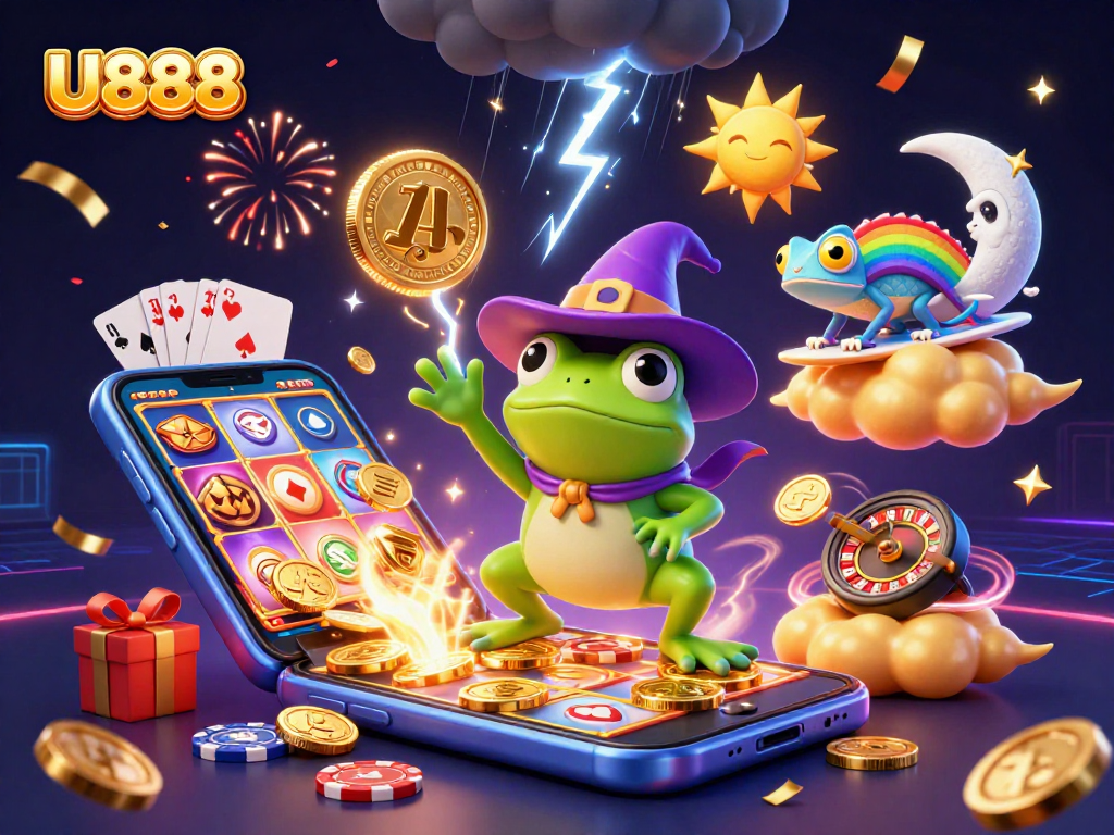 Experience the excitement of U888 with vibrant characters and golden gambling elements exploding joyfully.