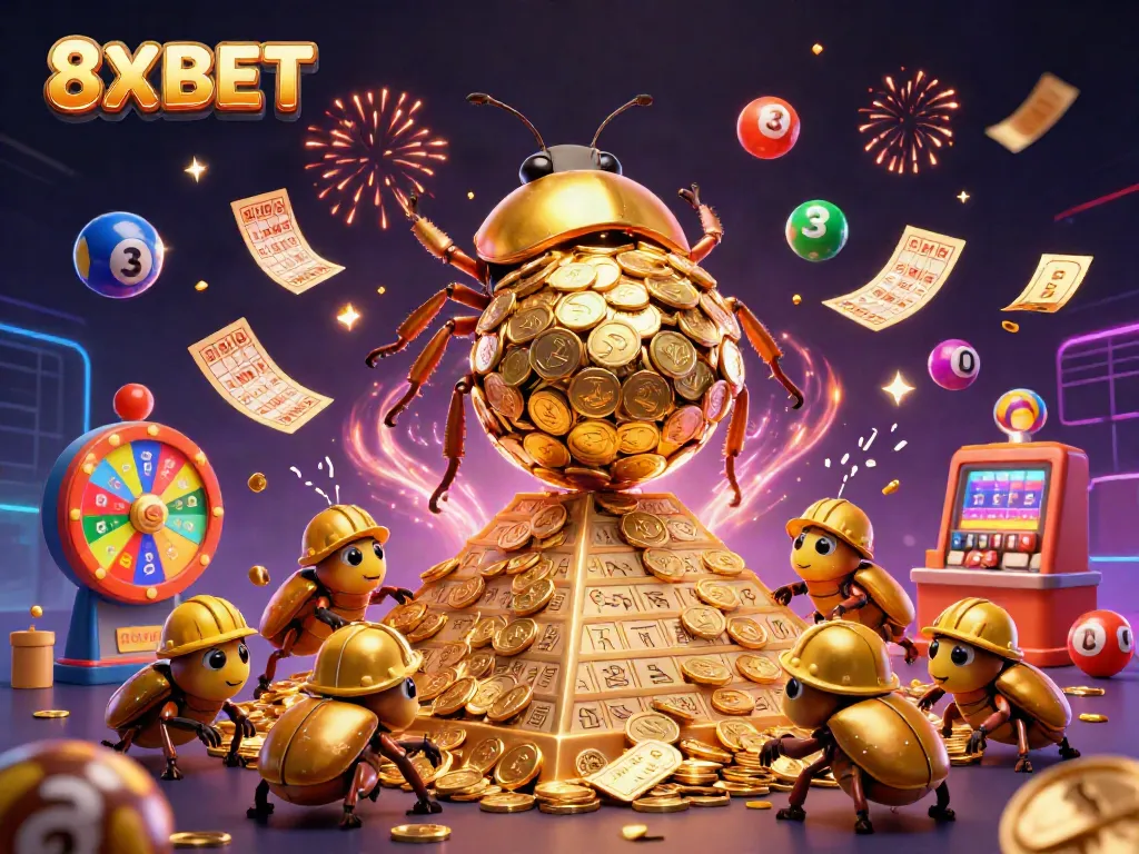 Experience the thrill of gaming with 8XBET featuring vibrant casino elements and energetic characters.