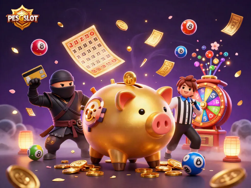 PESGSLOT showcases a dynamic sumo wrestler and ninja amid a vibrant casino scene, raining coins and lottery elements.