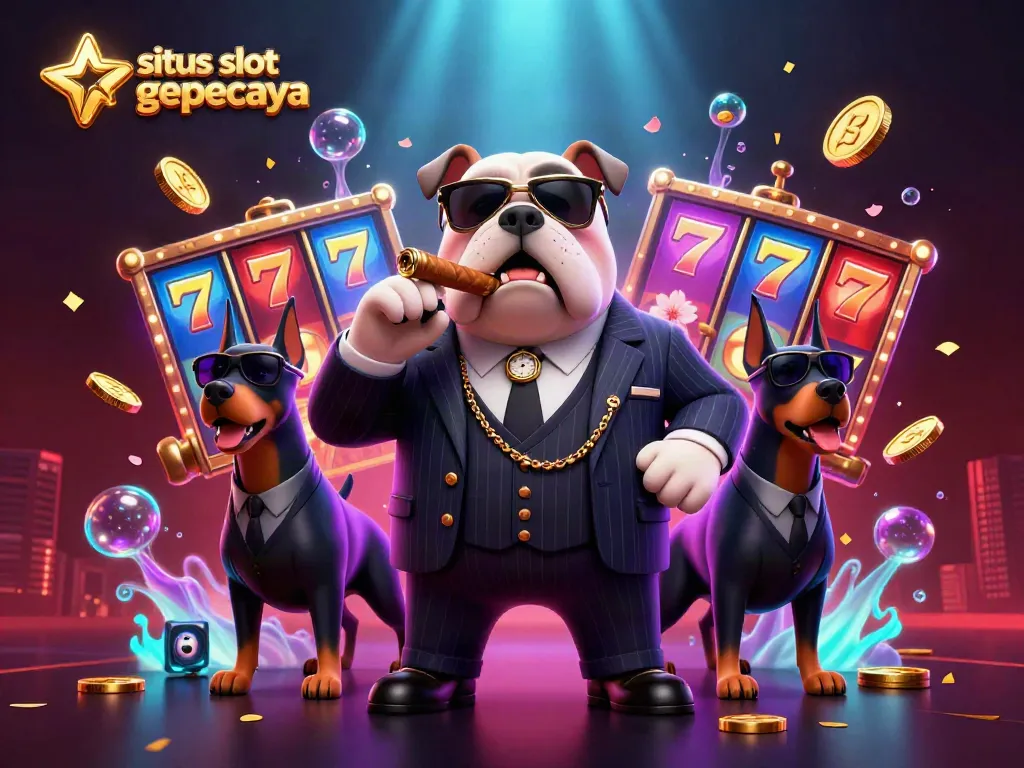 Experience the excitement of situs slot gacor terpercaya with a dynamic casino scene featuring a mafia boss and Dobermans.