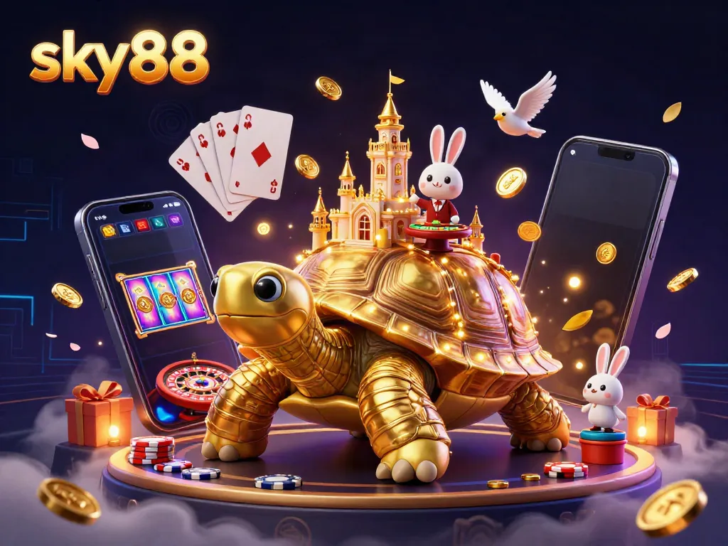 Experience immersive fun at sky88 with a vibrant casino scene featuring a golden tortoise and rabbit dealer.