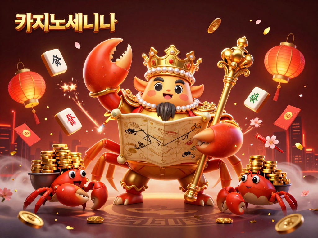 카지노사이트에서 황금 게 황제가 지도와 지팡이를 잡고 모험을 즐기며 화려한 화려한 요소들로 둘러싸여 있습니다.