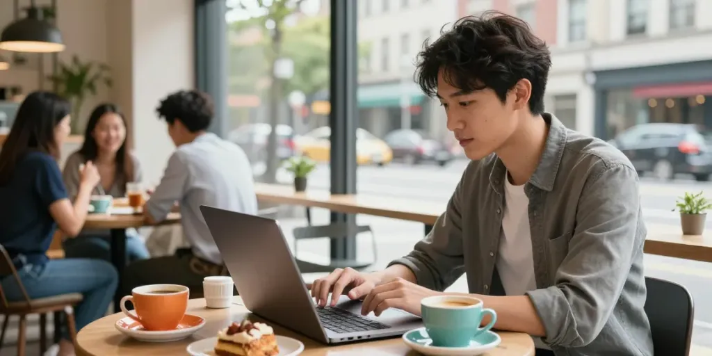 Young professional exploring the A80 website in a trendy café atmosphere.
