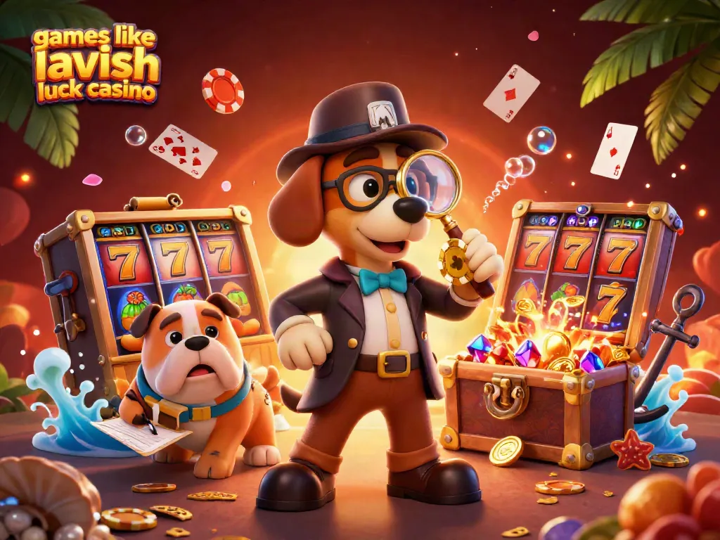 Engage with games like Lavish Luck Casino through a vibrant scene filled with playful characters and slot elements.
