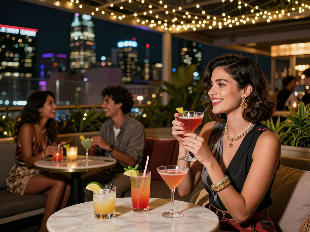 Gái gọi tận hưởng không khí buổi tối sôi động tại quán bar rooftop sang trọng.