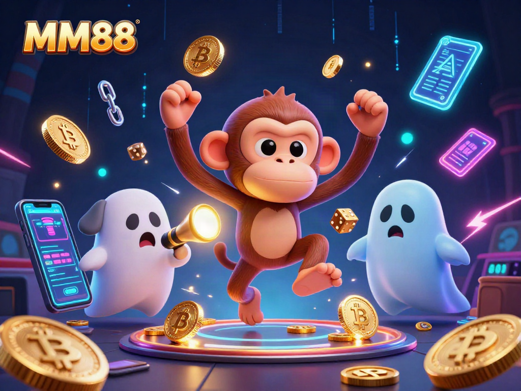 Engage with MM88's lively haunted casino experience featuring crypto coins and playful ghostly characters.