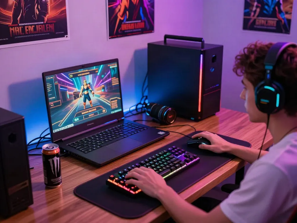 Avid gamer playing online slots on a laptop, showcasing akunjp gaming setup.